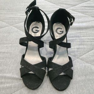 G by Guess Black Sparkly Strappy Wedges